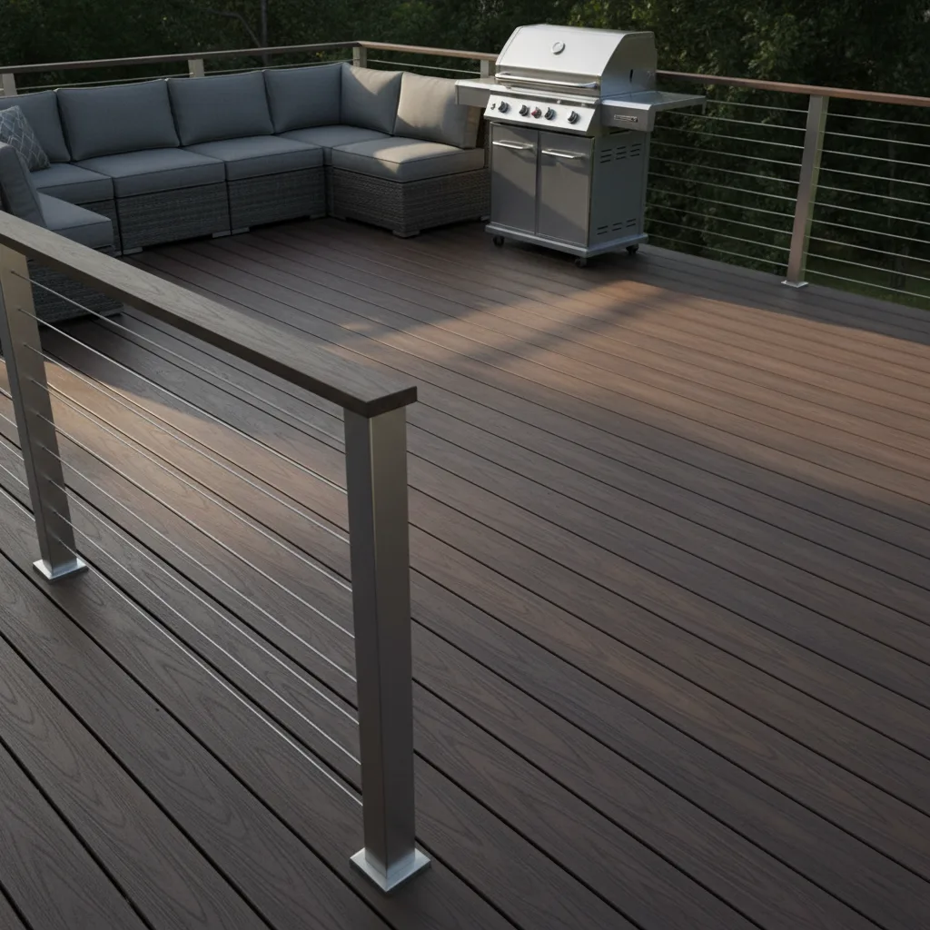 Premium composite TimberTech deck with cable railing system, outdoor sectional seating, and stainless grill: South Jersey deck builder