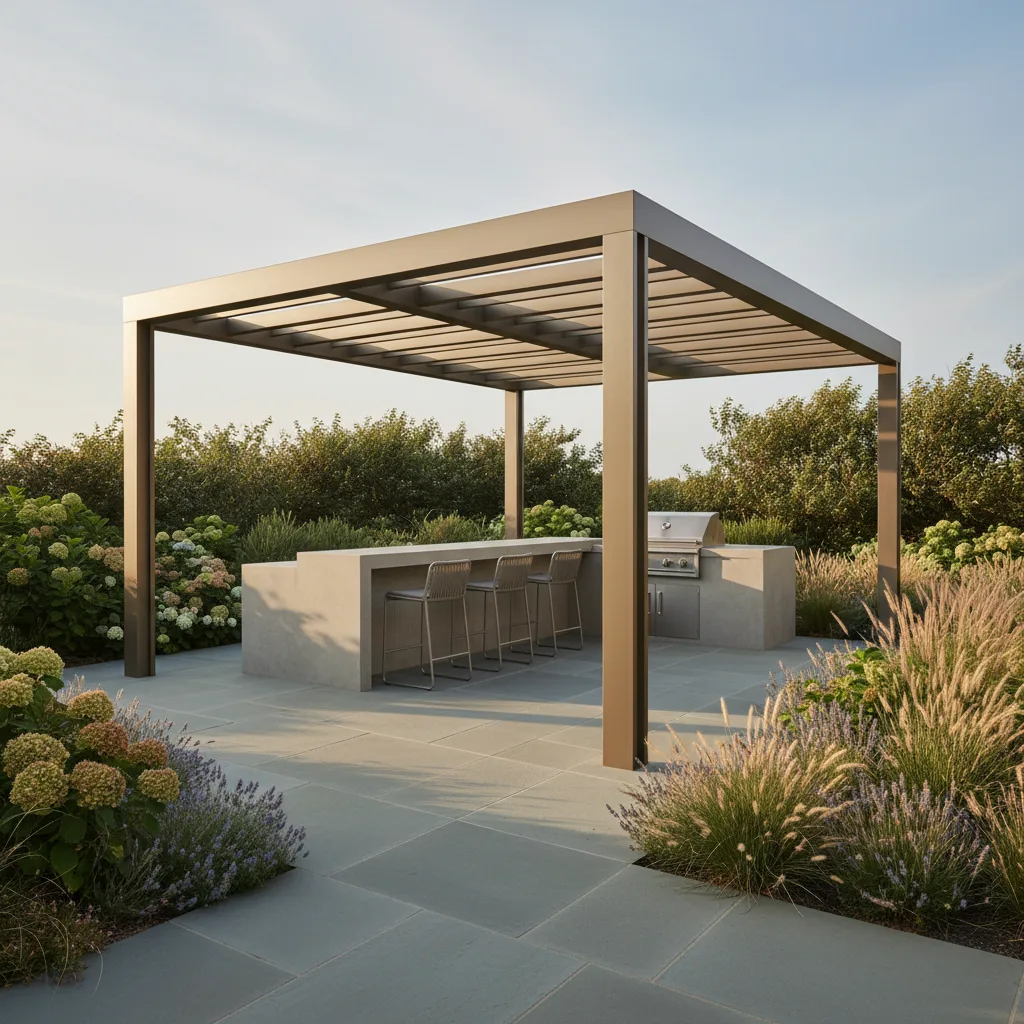 Custom aluminum pergola over light gray flagstone patio with built-in outdoor kitchen, coastal shrubs, at an Avalon-style New Jersey shore home
