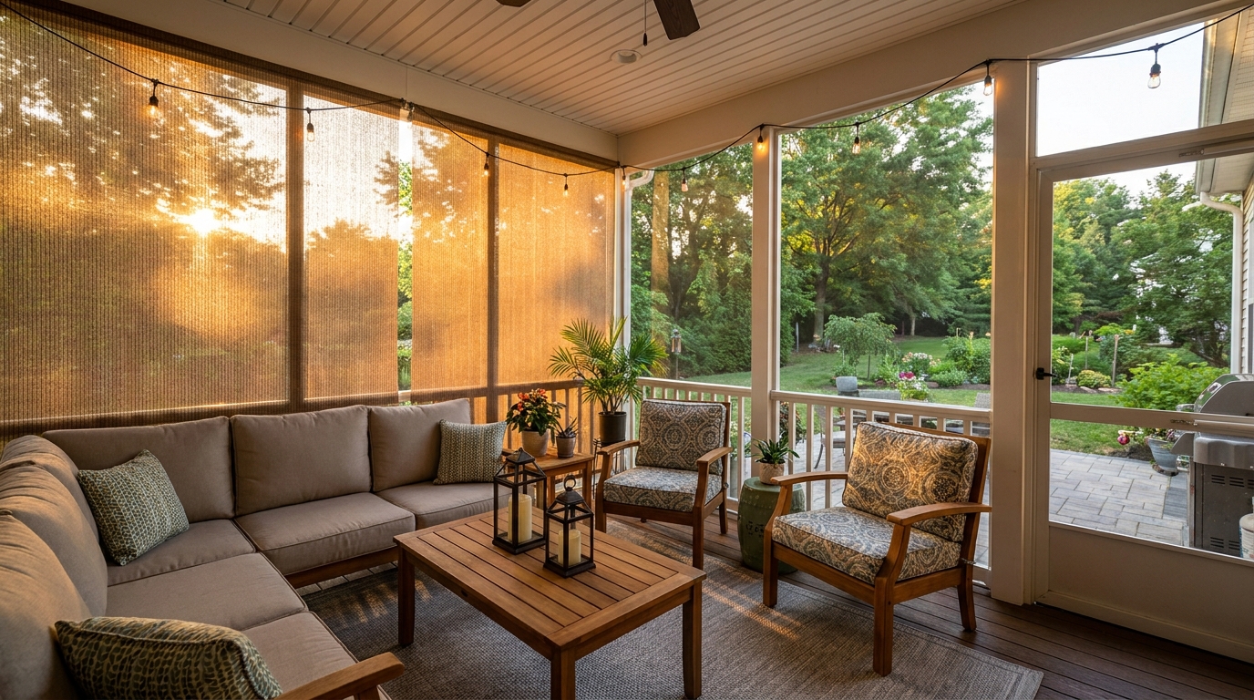 Screened porch addition on a South Jersey home for bug-free outdoor evenings