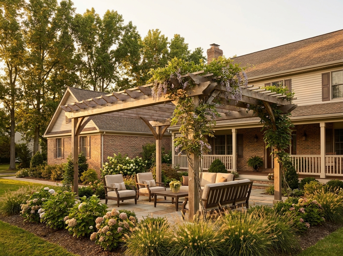 Custom pergola with dappled shade over a South Jersey patio