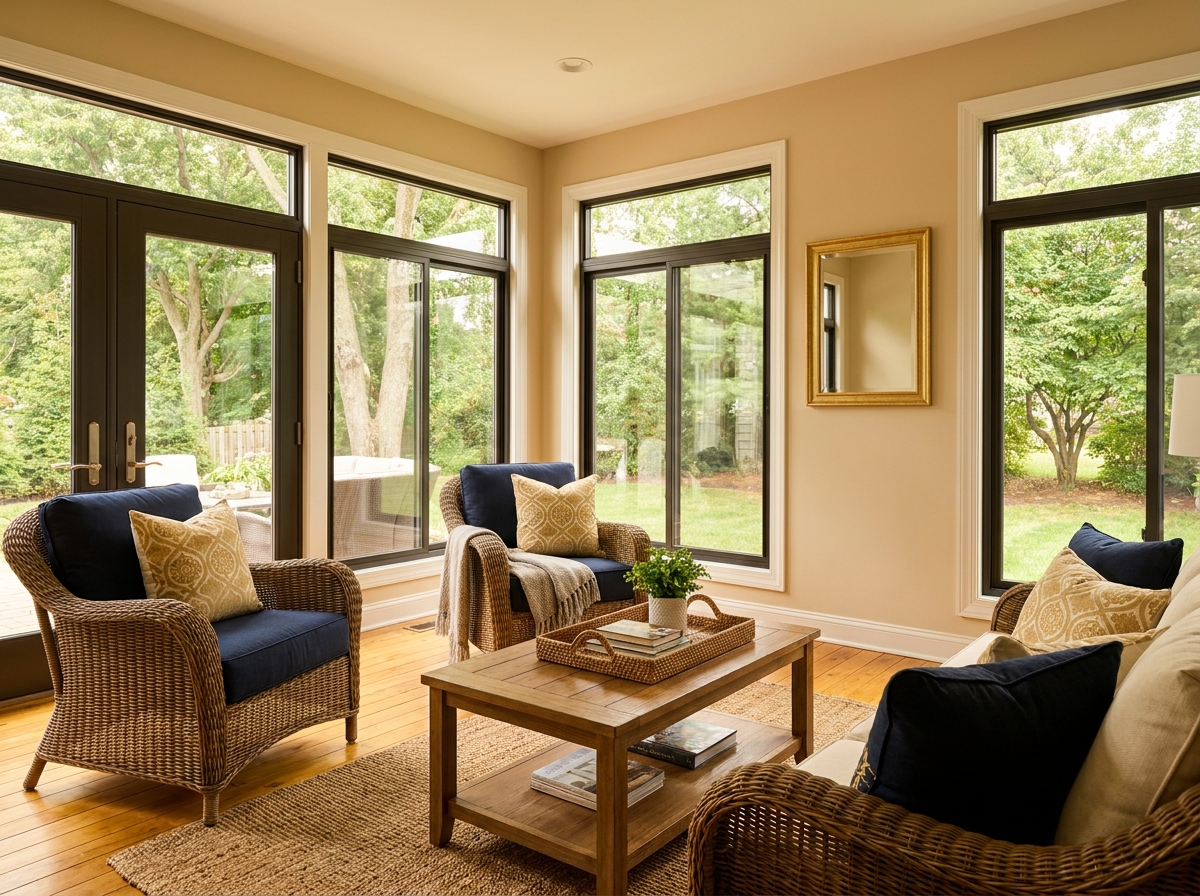 Enclosed porch conversion with glass wall system, South Jersey home