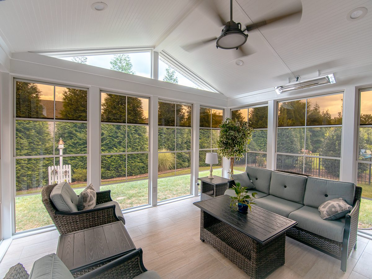 Screened porch with natural wood ceiling and garden view, South Jersey NJ