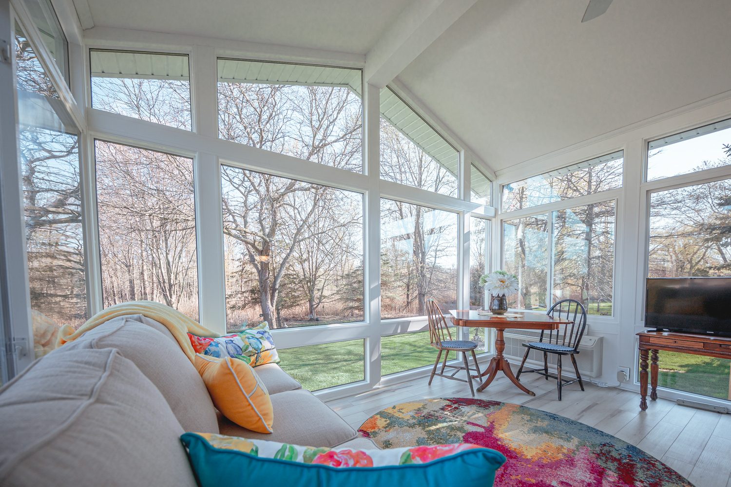 Three-season room with screen panels and garden view, South Jersey NJ